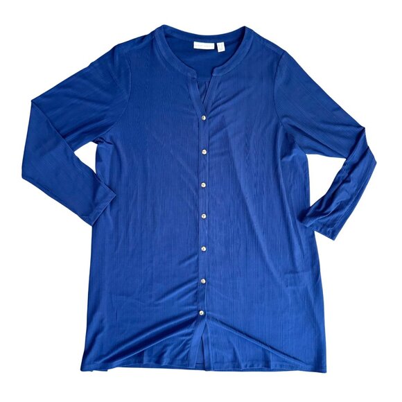 Susan Graver Navy Liquid Knit Button Front‎ Shirt Womens 1X Gold Buttons Career - Picture 1 of 8